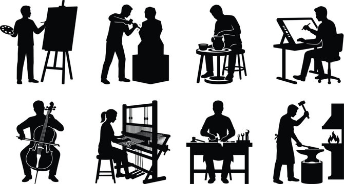 Artists artisans and traditional craftsmen workshop activities black vector silhouette set isolated on white background