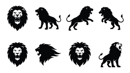 Obraz premium Black lion silhouettes and heads in various poses Vector