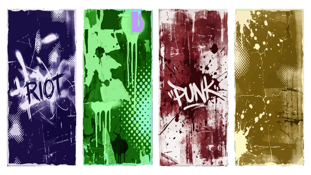 Grunge punk banners set with riot graffiti spray paint textures design vector illustration.