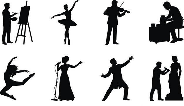 Creative arts and stage performance artists vector silhouettes collection for cultural and educational designs