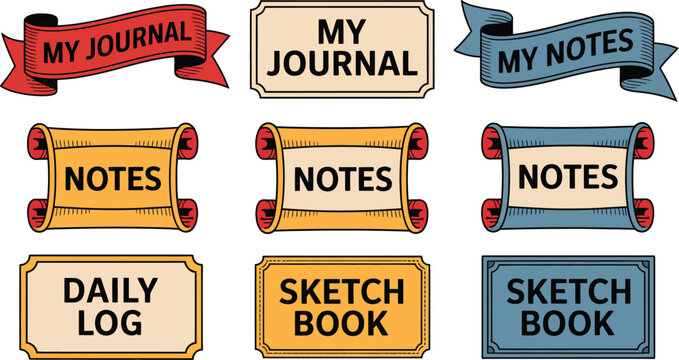 Vintage note labels, featuring journal banners, notes tags, daily log, sketch book ribbons, scroll designs, and retro badge elements