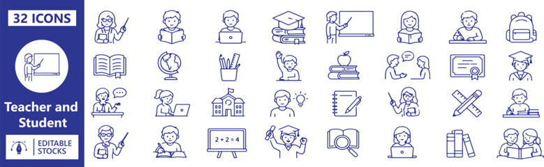 Naklejka premium Teacher and Student Outline Icons Set – Classroom Education, Learning, School and Academic Vector Line Icon Collection