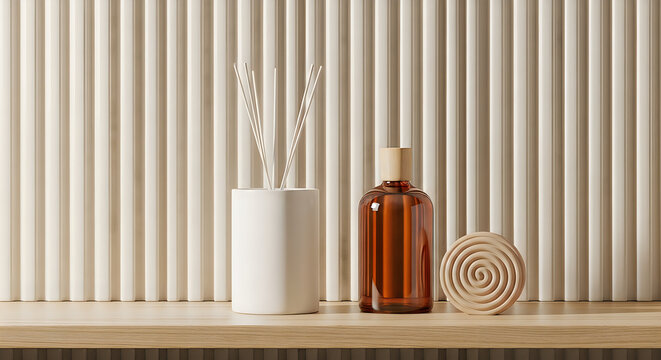 Aromatic home fragrance set with diffuser and essential oil bottle on wooden shelf