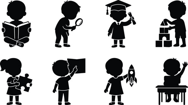 Early childhood education and school learning activities kids black vector silhouettes collection