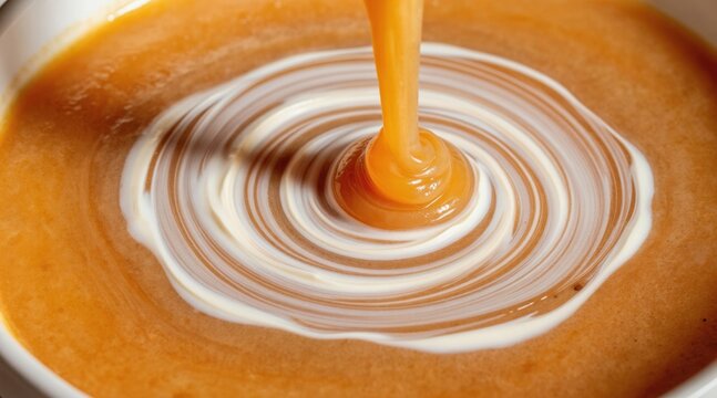 Thick orange bisque soup gets cream swirl garnish poured into white bowl. Close up food photo shows smooth texture and creamy swirl. Delicious autumn or winter meal preparation.