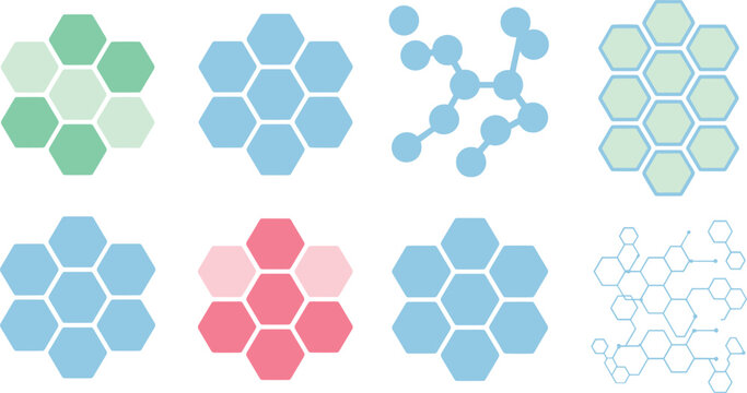 Hexagon honeycomb pattern and molecule connection vector icon set for science technology chemistry data structure design