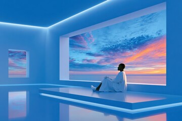 Fototapeta premium Solitary man seated in a minimalist blue interior looking at a vivid sunset over the sea