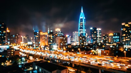 Fototapeta premium Blurry Nighttime Cityscape with Traffic and Illuminated Skyscrapers urban