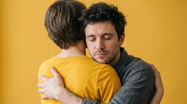 Intimate embrace between two friends against a bright yellow background. Yellow September, suicide prevention campaign