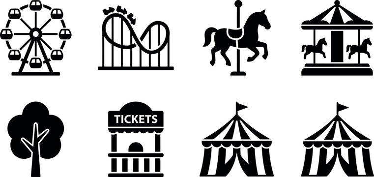 A collection of eight black and white vector icons representing various amusement park attractions and features including rides, tickets, and carnival tent structures.