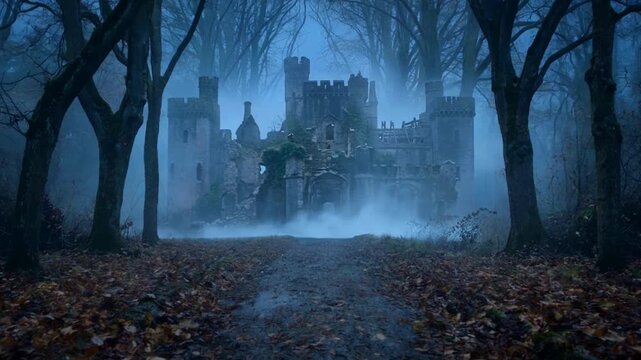 Inquadratura cinematografica di un castello abbandonato nella nebbia