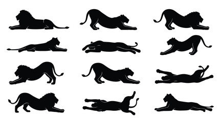 Fototapeta premium Black silhouettes of lions and leopards lying and running Vector