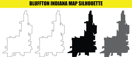Bluffton indiana map silhouette vector set including solid outline and dotted city borders for geographic design. © Md Asif Shahnaoaz