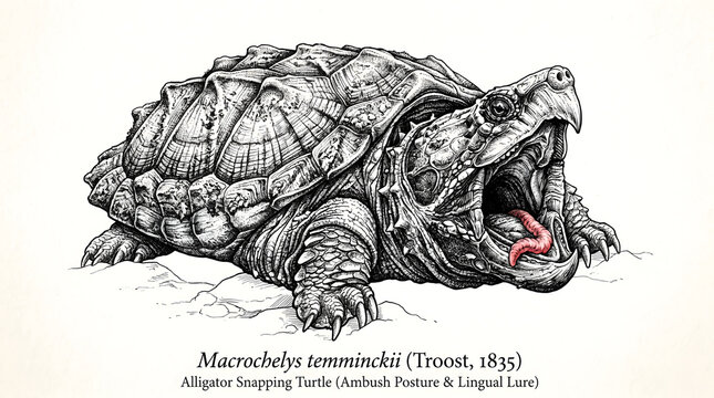 Alligator Snapping Turtle illustration shows reptile on land opening mouth wide.