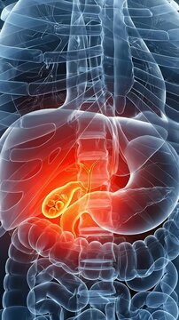 Gallbladder disease, painful gallstones in human anatomy, a serious medical condition, digestive system inflammation, causing abdominal discomfort