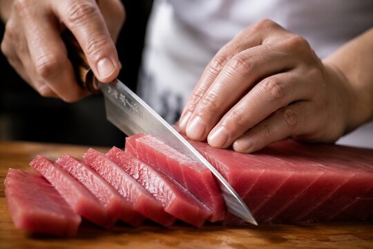 cutting tuna with knife