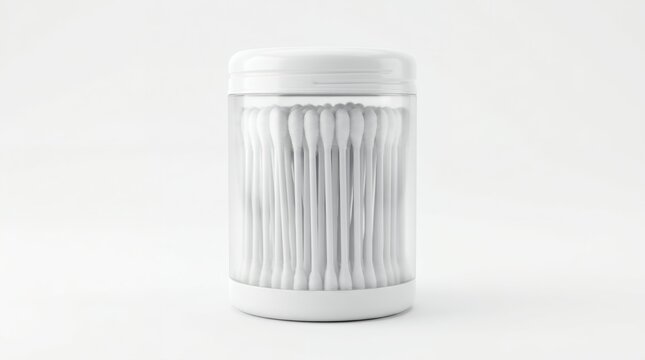 Cotton Swabs in Clear Plastic Container on White Background