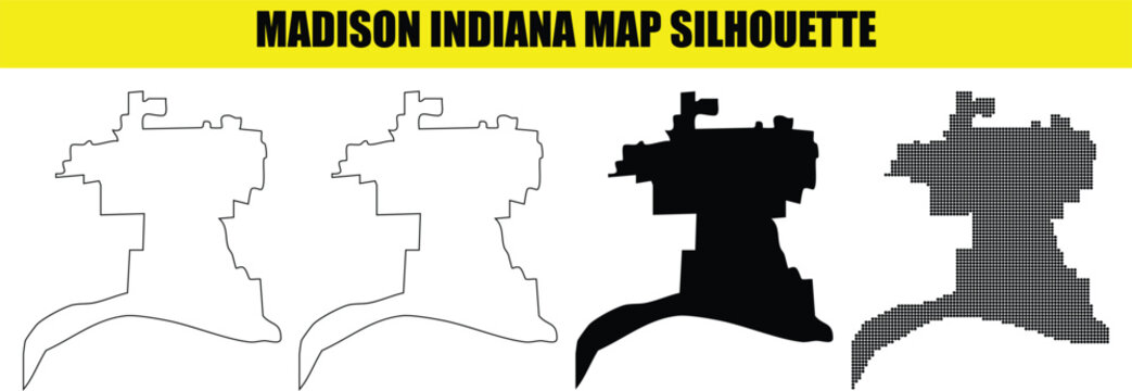 Madison indiana map silhouette vector set including solid flat and dotted outline shapes on transparent backdrop.