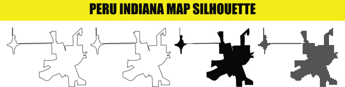 Peru indiana map silhouette vector set including black and white outline and dot pattern designs for city mapping.