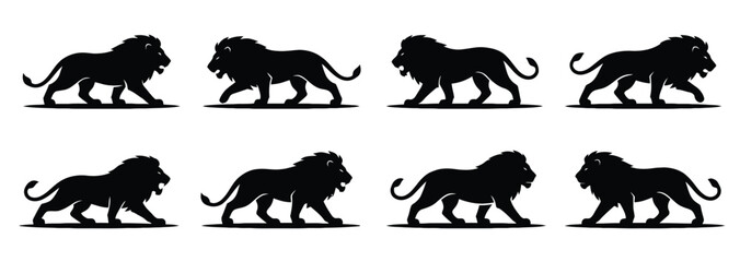Obraz premium Black lion silhouettes walking in different positions Vector