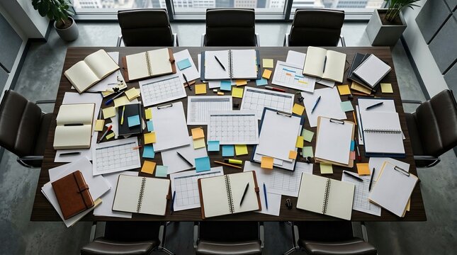 Overhead view of a wooden conference table cluttered with notebooks, planners, calendars, and colorful sticky notes in a modern office