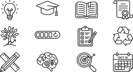 Simple outline stroke educational design icon set featuring lightbulb graduation cap knowledge tree and progress symbols most effective design © JOBAER GRAPHIC