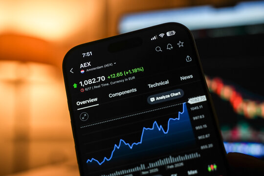 AEX index price chart is displayed on a smartphone screen in Bangalore, India, on June 15, 2026
