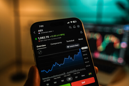 AEX index price chart is displayed on a smartphone screen in Bangalore, India, on June 15, 2026
