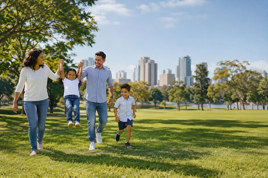 Family enjoying fresh clean air in green city park