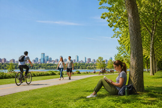 People relaxing outdoors under clean blue sky in urban park