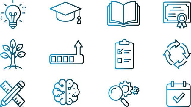 Simple outline stroke educational design icon set featuring lightbulb graduation cap knowledge tree and progress symbols good design