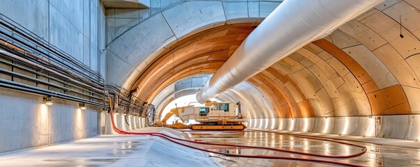 Fototapeta premium Wide interior view of a concrete construction tunnel with large ventilation pipe and machinery