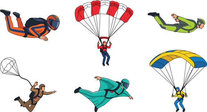 Extreme Skydiving and Parachuting Vector Set Featuring Wingsuit Flying Freefall Jumps Pilot Chute Deployment and Parachute Gliding Adventure Sport Illustrations