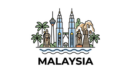 Obraz premium Illustrative depiction of Malaysia's iconic skyline featuring twin towers lush gardens and coastal water elements