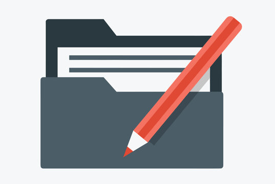 Dark grey file folder containing documents with a red pencil on top symbolizing editing, writing, or organization.