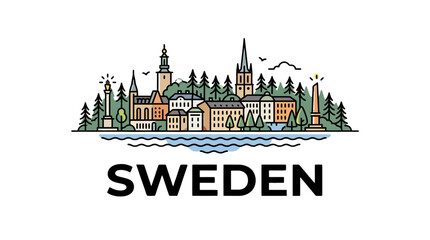 Fototapeta premium Charming Illustration of a Scandinavian Cityscape Depicting Iconic Architecture and Lush Greenery in a Minimalist Style