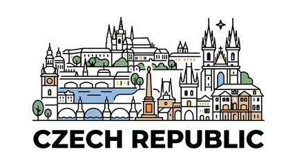 Fototapeta premium Stylized illustration of Prague's historic cityscape with iconic structures and scenic views capturing Czech architecture
