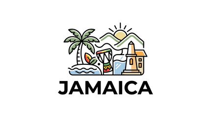 Obraz premium Vibrant Jamaica Travel Illustration Showcasing Nature, Culture, and Scenic Landmarks in a Bright and Dynamic Style