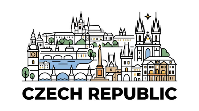 Stylized illustration of Prague's historic cityscape with iconic structures and scenic views capturing Czech architecture