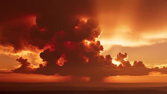 Dramatic cumulonimbus cloud formation with intense volumetric god rays during a burnt orange sunset