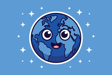 Fototapeta premium Cute smiling earth globe character with big eyes surrounded by shining stars on blue background vector illustration.