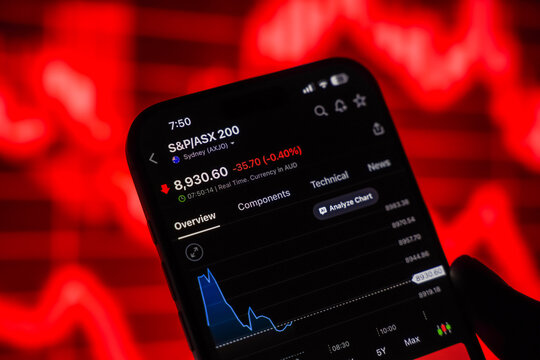 ASX 200 Index price chart is displayed on a smartphone screen in Bangalore, India, on June 15, 2026