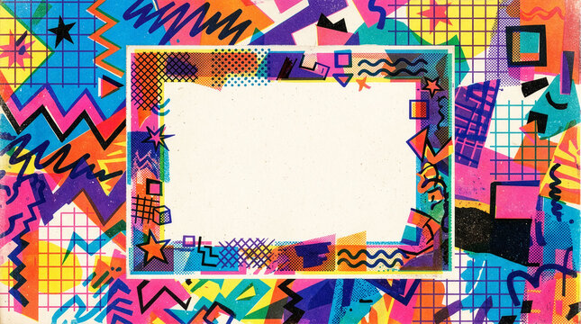Marco con fondo gr&aacute;fico abstracto con concepto y color de los a&ntilde;os 80 y 90 con espacio para texto.