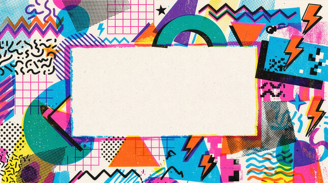 Marco con fondo gr&aacute;fico abstracto con concepto y color de los a&ntilde;os 80 y 90 con espacio para texto.