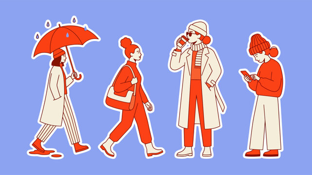 Four stylish women walking in autumn weather illustration for fashion and lifestyle content
