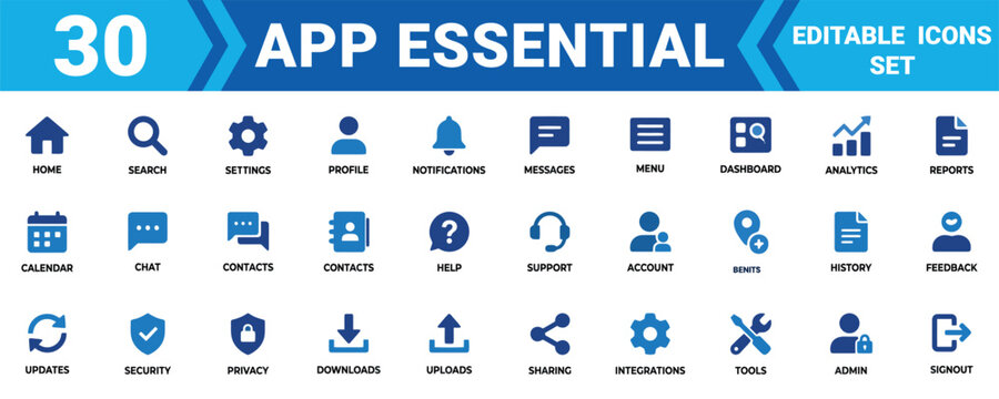 Set of 30 essential mobile app icons for user interface design featuring common navigation and functional symbols Vector