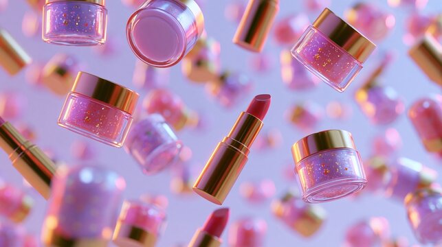 3D render of floating lipstick and cream jars on pink background