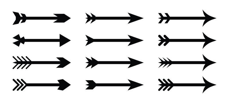 Unique Boho Tribal Arrow Collection, Decorative Hand Drawn Arrow Icons with Minimal Black Silhouette Style, Modern Editable Vector Set