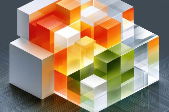 Abstract translucent cubes forming a geometric digital structure suggesting technology and data visualization