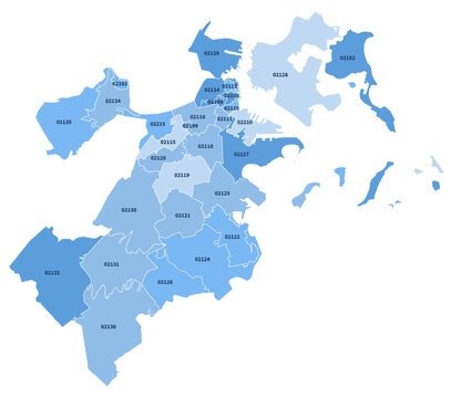 Boston Massachusetts ZIP Code Map, Labeled Editable Boundaries